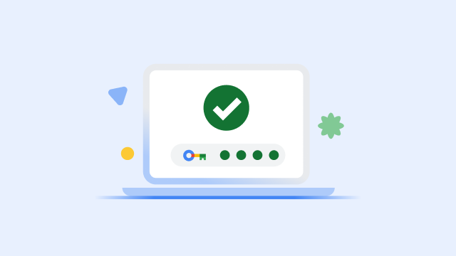 Laptop screen displaying a large green checkmark and a completed security key progress bar.