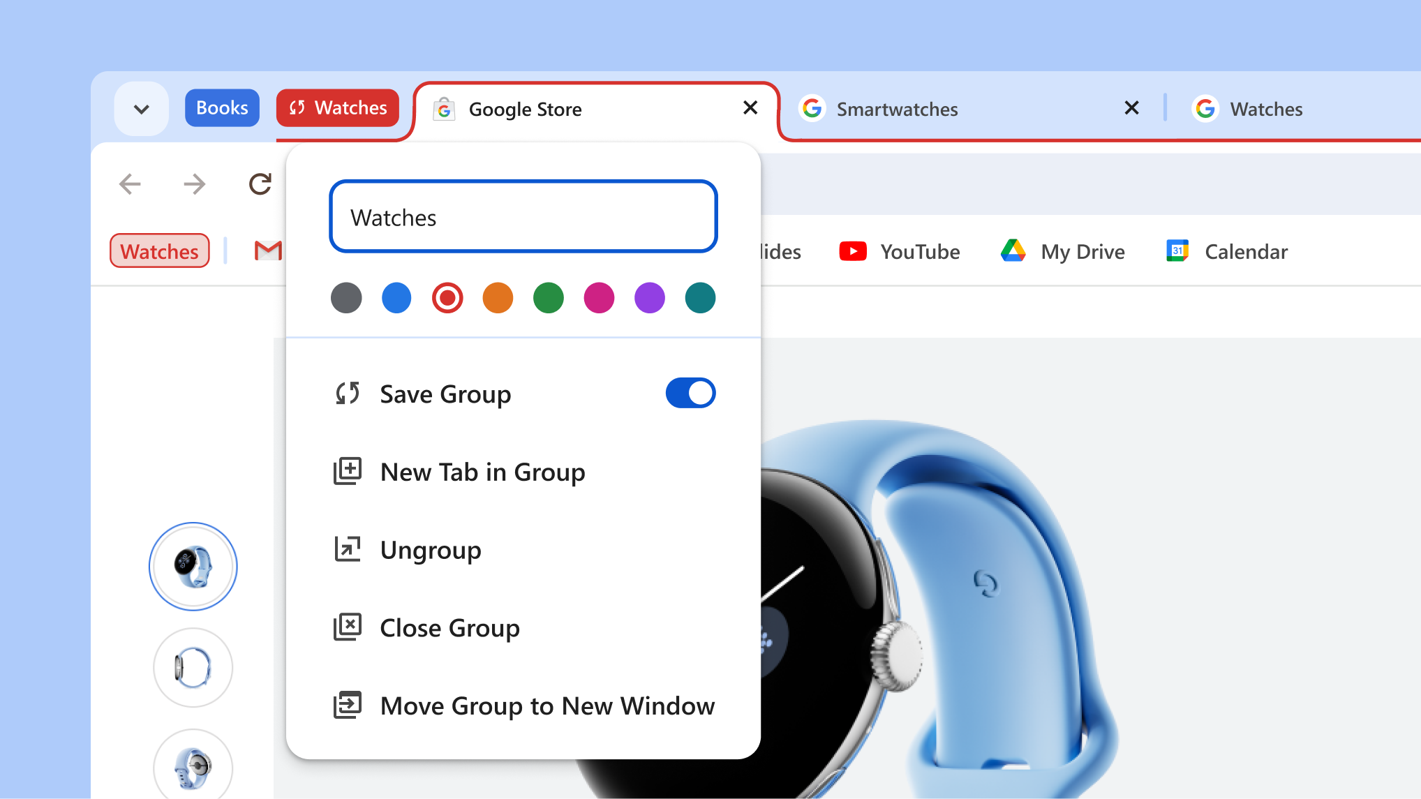 Tab group menu open showing the new save and hide group options